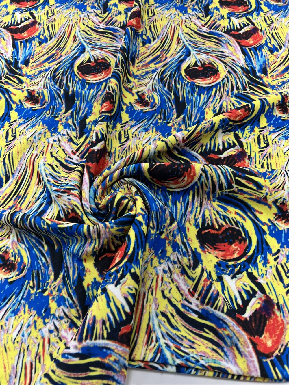 Blue Yellow Mix Printed Scuba Crepe Jersey Fabric 4 Way Stretch