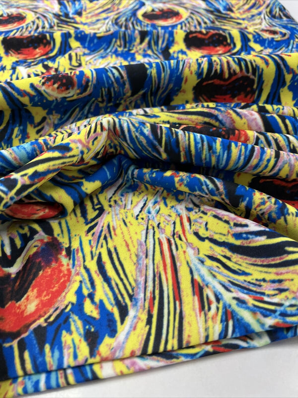 Blue Yellow Mix Printed Scuba Crepe Jersey Fabric 4 Way Stretch