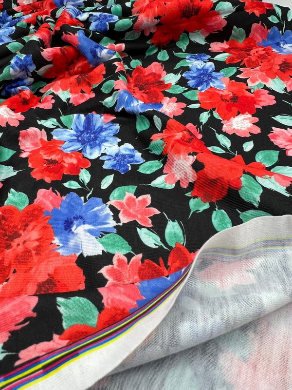 Bold Red & Blue Flower Print Spun Poly Stretch Fabric