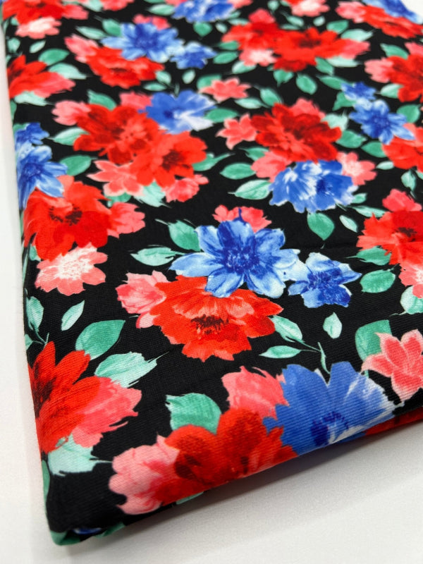 Bold Red & Blue Flower Print Spun Poly Stretch Fabric