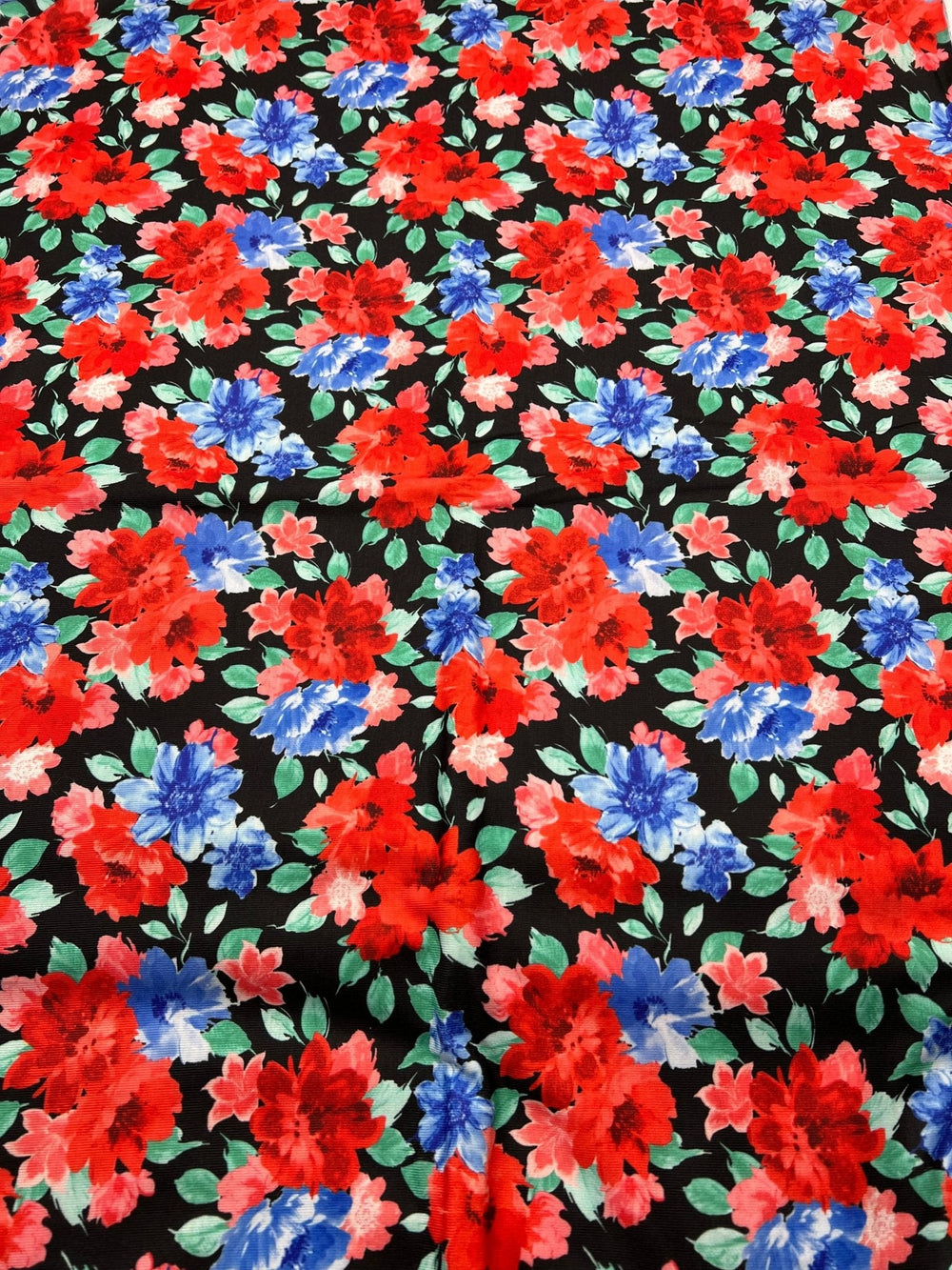 Bold Red & Blue Flower Print Spun Poly Stretch Fabric