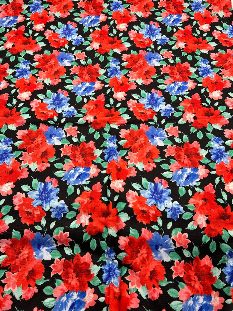 Bold Red & Blue Flower Print Spun Poly Stretch Fabric