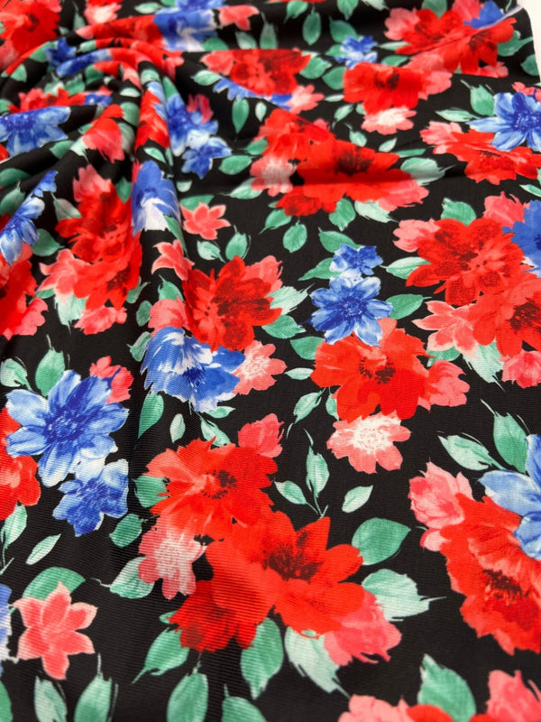 Bold Red & Blue Flower Print Spun Poly Stretch Fabric