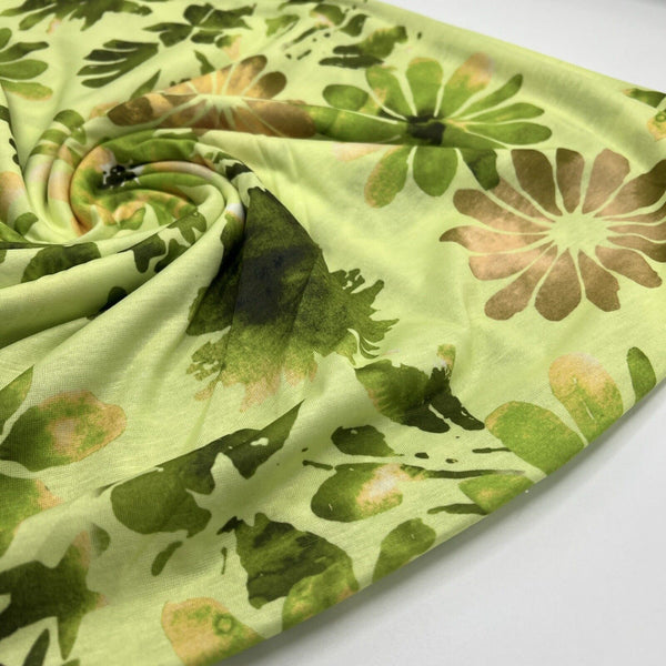 Bright Green Floral Print Spun Poly Stretch Fabric