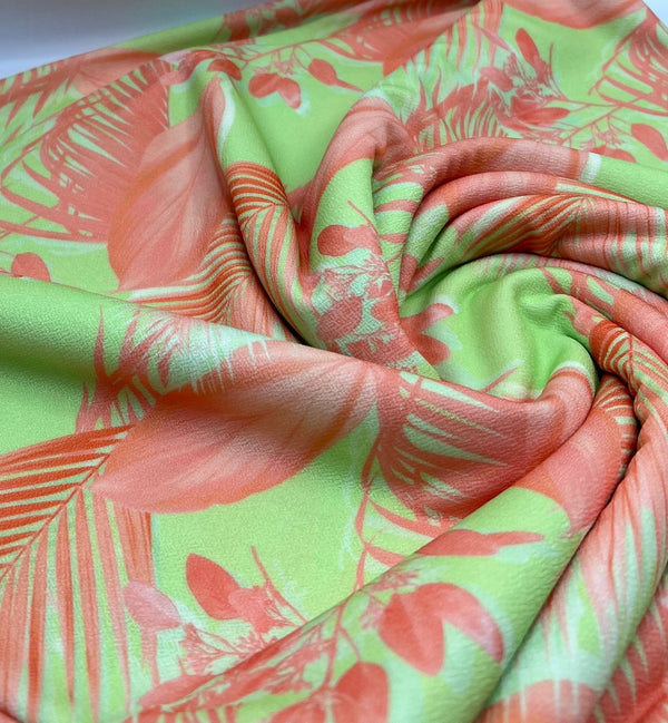 Bright Green & Orange Leaf Print Lightweight Jersey Crepe Fabric 4 Way Stretch