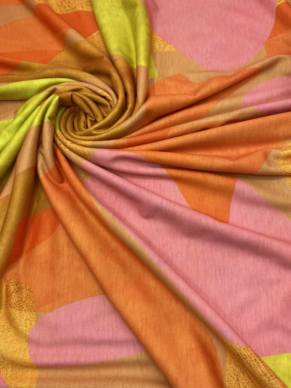 Bright Orange, Pink & Yellow Multi Print Spun Poly Stretch Fabric