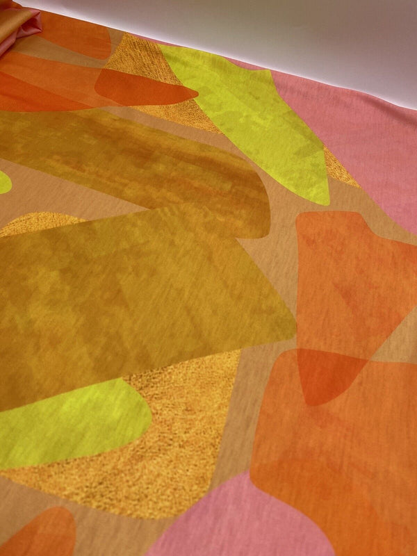Bright Orange, Pink & Yellow Multi Print Spun Poly Stretch Fabric