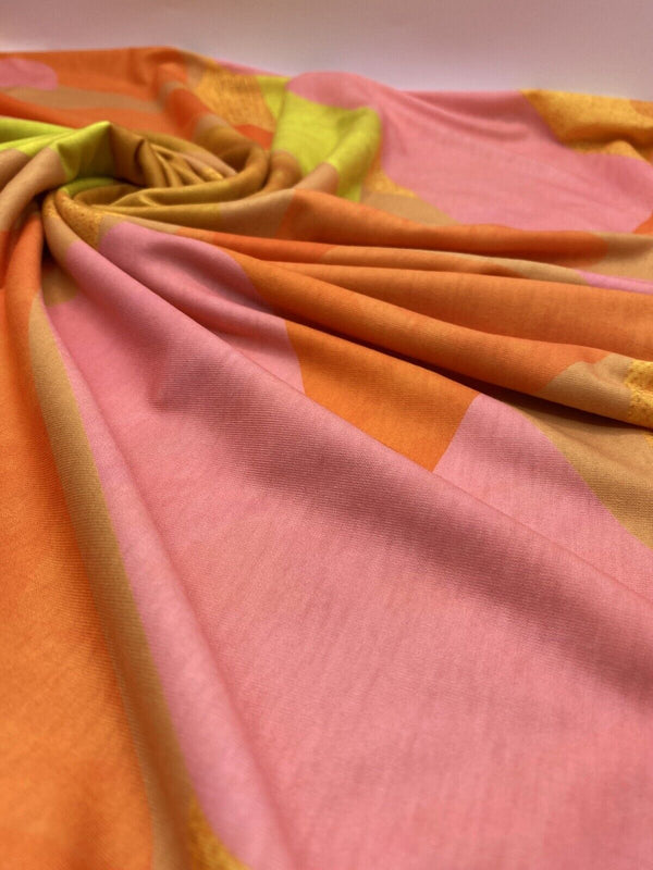 Bright Orange, Pink & Yellow Multi Print Spun Poly Stretch Fabric