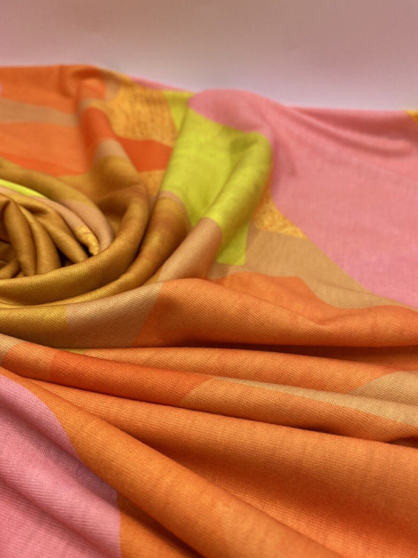 Bright Orange, Pink & Yellow Multi Print Spun Poly Stretch Fabric