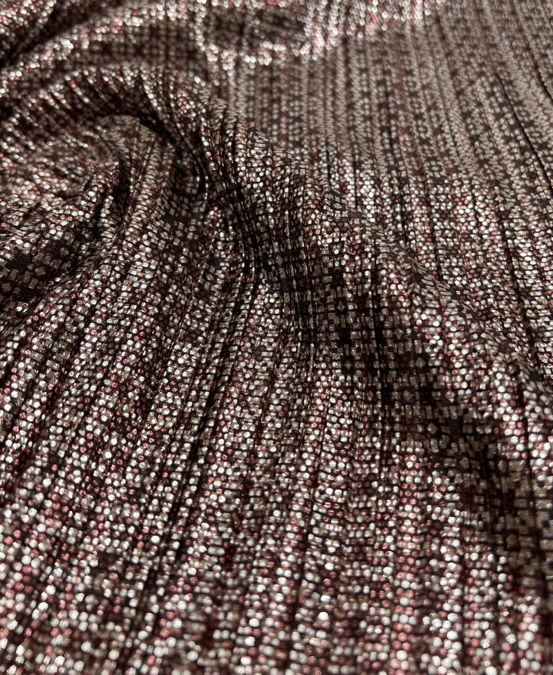 Bronze Silver Metallic Foil Shiny Plisse Pleated Stretch Fabric
