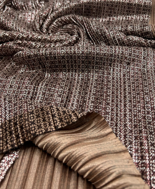 Bronze Silver Metallic Foil Shiny Plisse Pleated Stretch Fabric