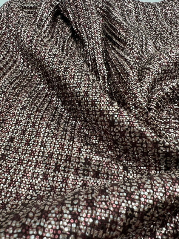 Bronze Silver Metallic Foil Shiny Plisse Pleated Stretch Fabric
