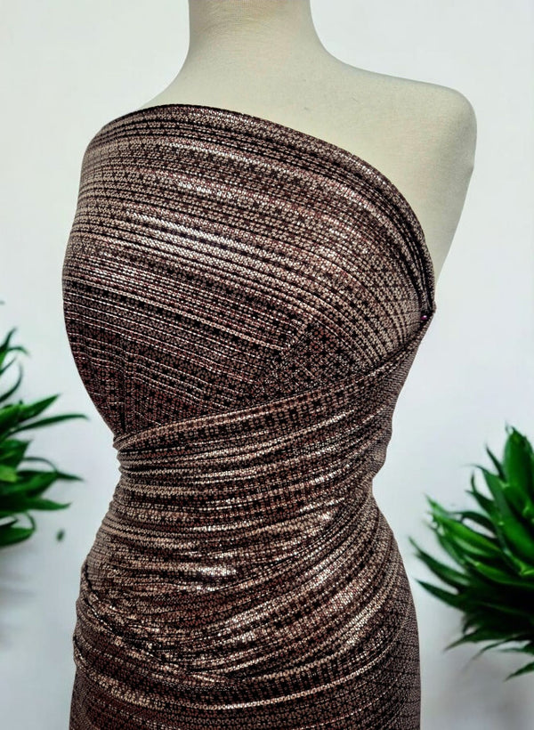 Bronze Silver Metallic Foil Shiny Plisse Pleated Stretch Fabric