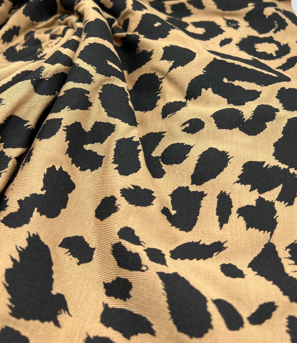 Brown Black Leopard Print Viscose Elastane Fabric