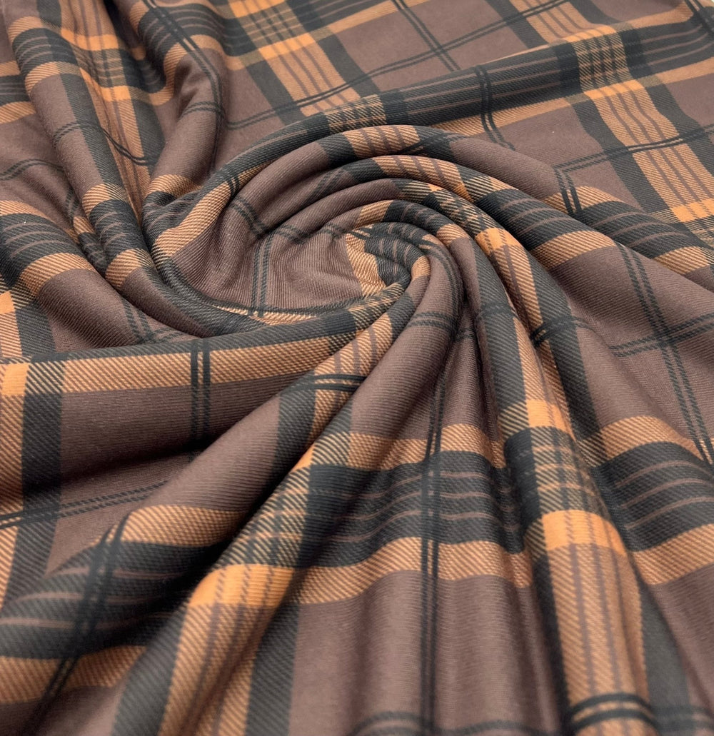 Brown Orange Check Print Spun Poly Stretch Fabric