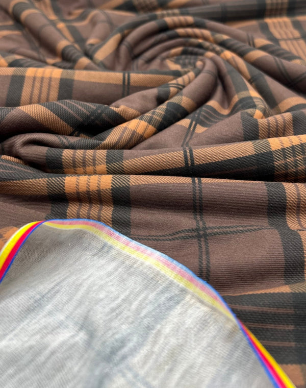 Brown Orange Check Print Spun Poly Stretch Fabric