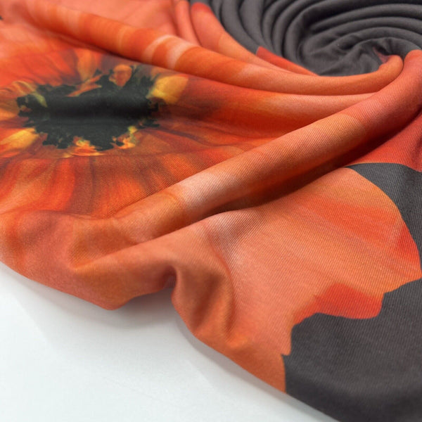 Brown Orange Flower Spun Poly Stretch Fabric