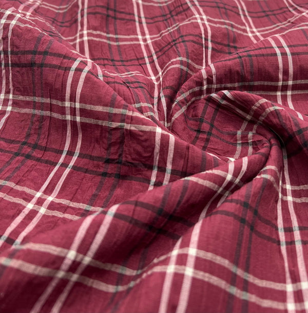 Burgundy Black Check Crinkled Lightweight Non Stretch Woven Fabric