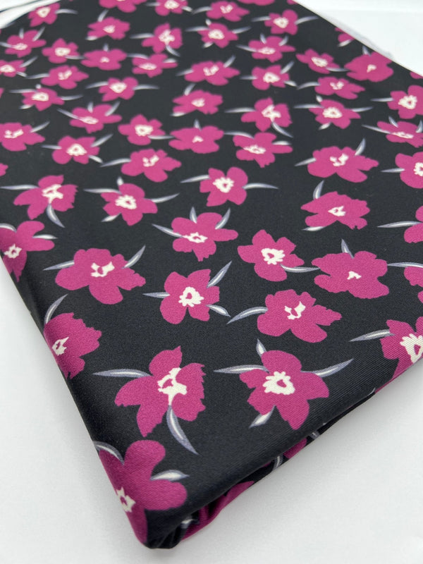 Burgundy Black Floral Print Super Soft Spun Poly Stretch Fabric