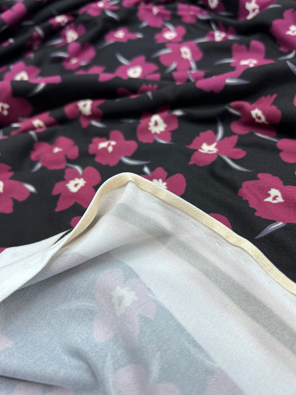 Burgundy Black Floral Print Super Soft Spun Poly Stretch Fabric