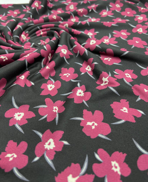 Burgundy Black Floral Print Super Soft Spun Poly Stretch Fabric