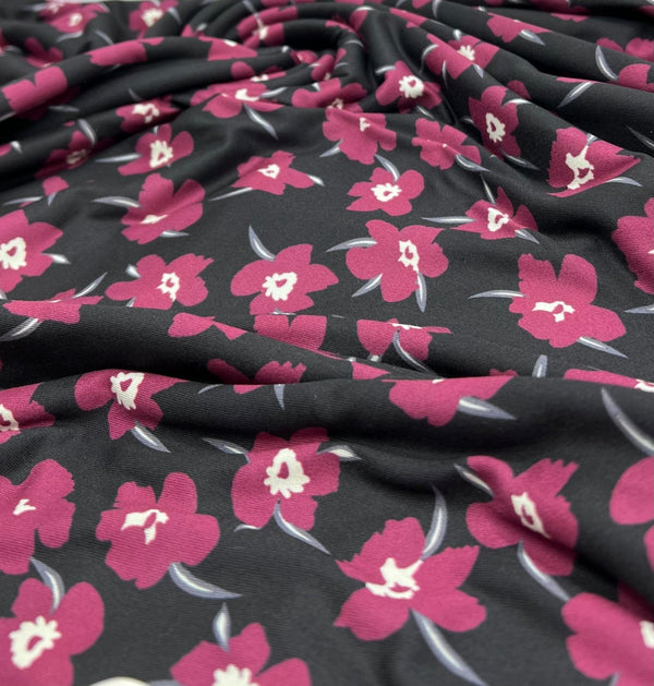 Burgundy Black Floral Print Super Soft Spun Poly Stretch Fabric