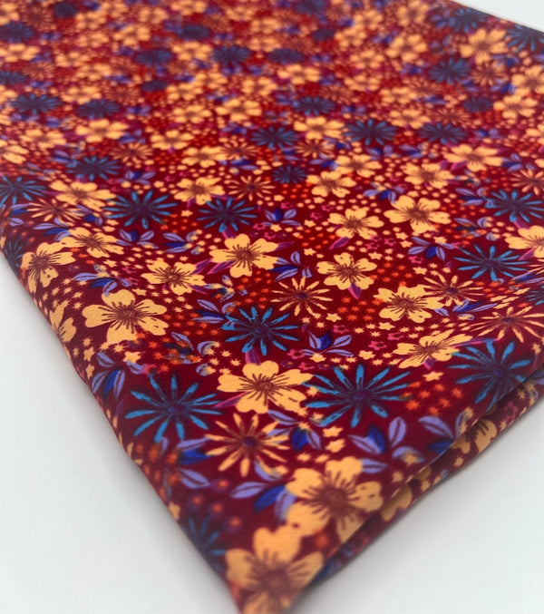 Burgundy Red Blue Floral Lightweight Non Stretch Woven Fabric