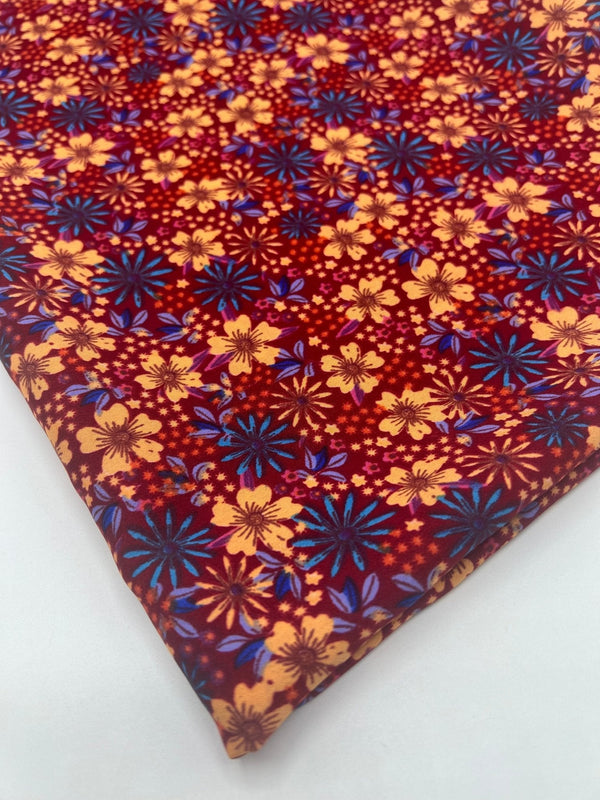 Burgundy Red Blue Floral Lightweight Non Stretch Woven Fabric