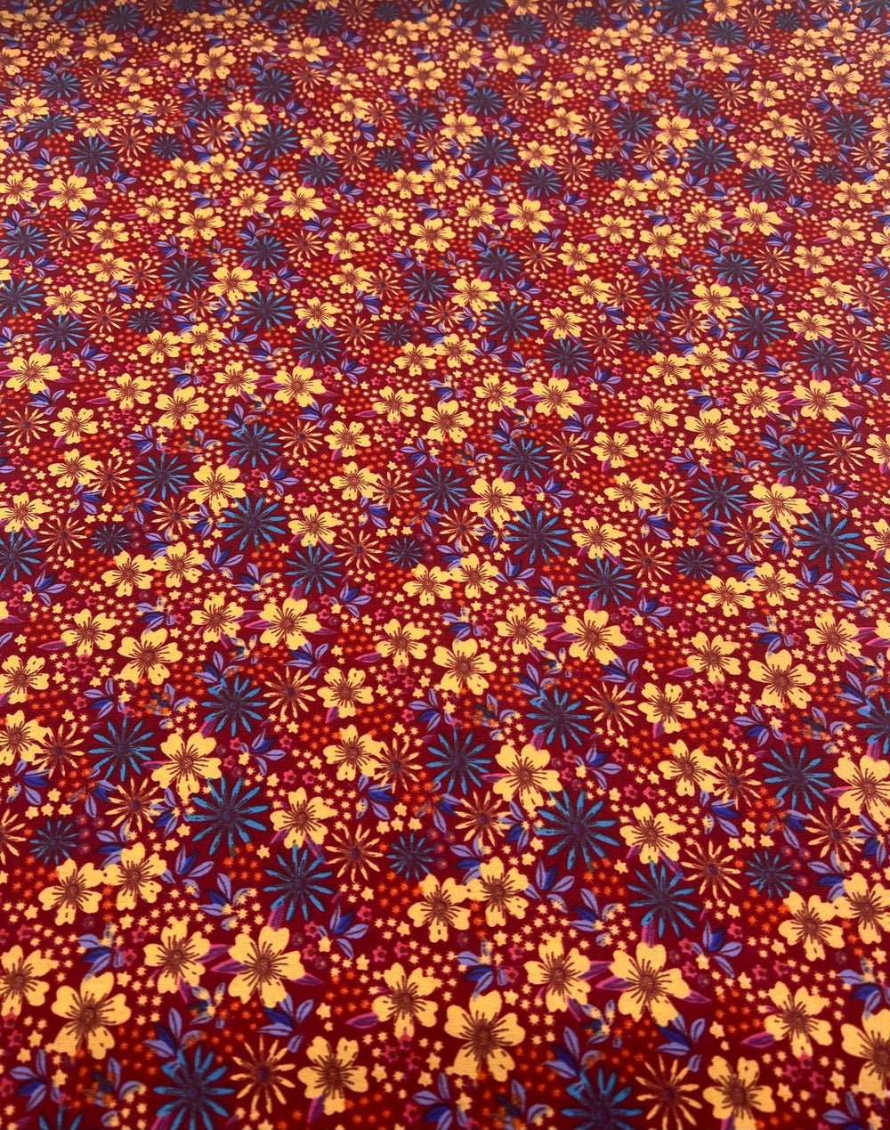 Burgundy Red Blue Floral Lightweight Non Stretch Woven Fabric