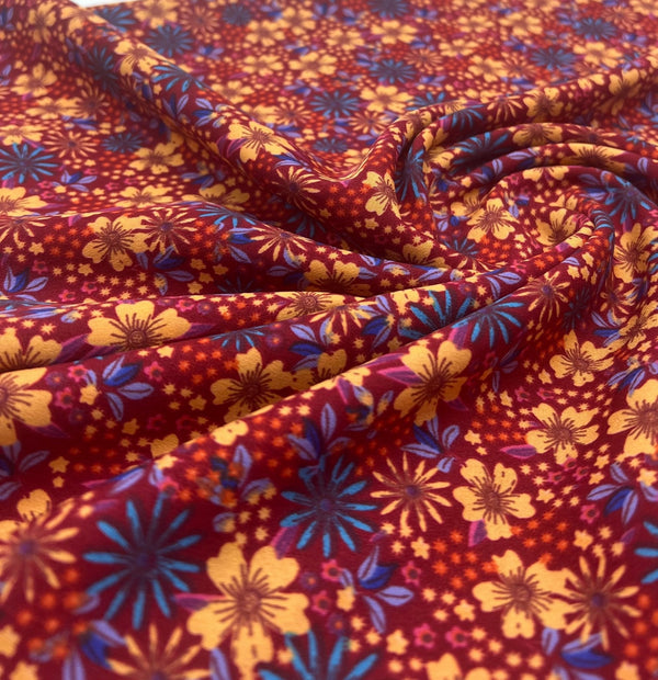 Burgundy Red Blue Floral Lightweight Non Stretch Woven Fabric