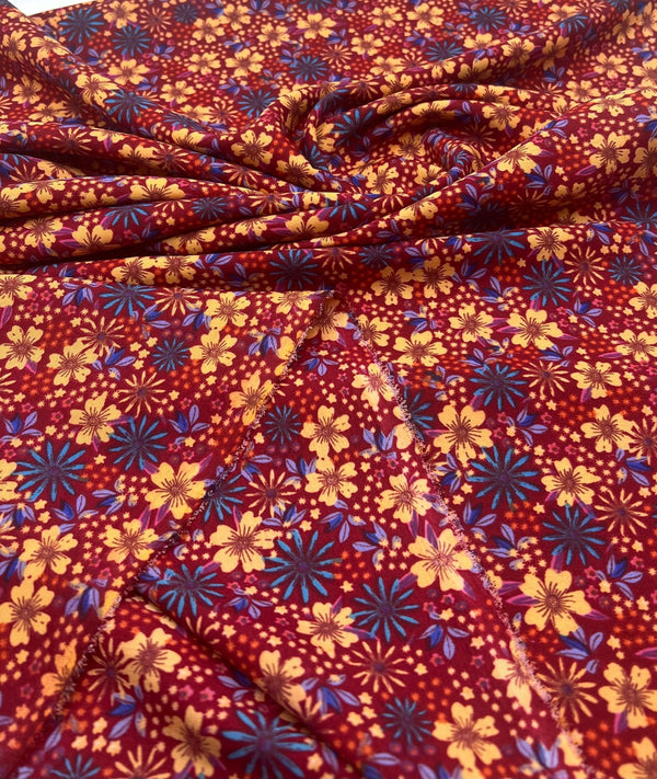Burgundy Red Blue Floral Lightweight Non Stretch Woven Fabric