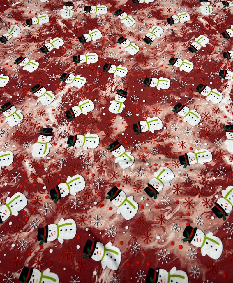 Burgundy Red Snowman Print Soft Spun Poly Stretch Fabric