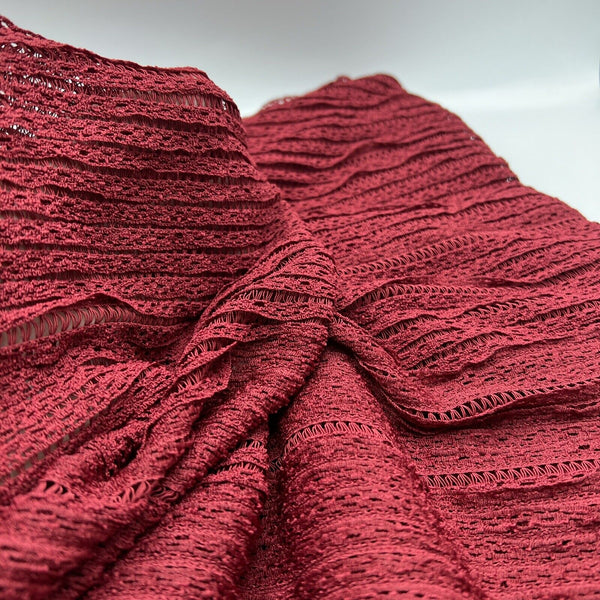 Burgundy Ruffle Crochet Frill Knitted Stretch Fabric 300GSM