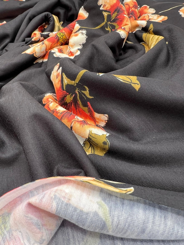 Burnt Orange Floral Print Spun Poly Stretch Fabric