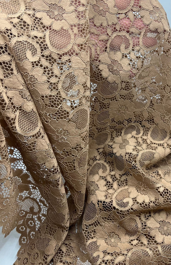 Camel Scalloped Edge Floral Lace Fabric Stretch