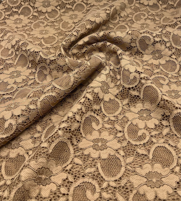 Camel Scalloped Edge Floral Lace Fabric Stretch