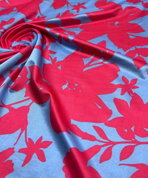 Cerise Blue Floral Print Soft Touch Stretch Fabric