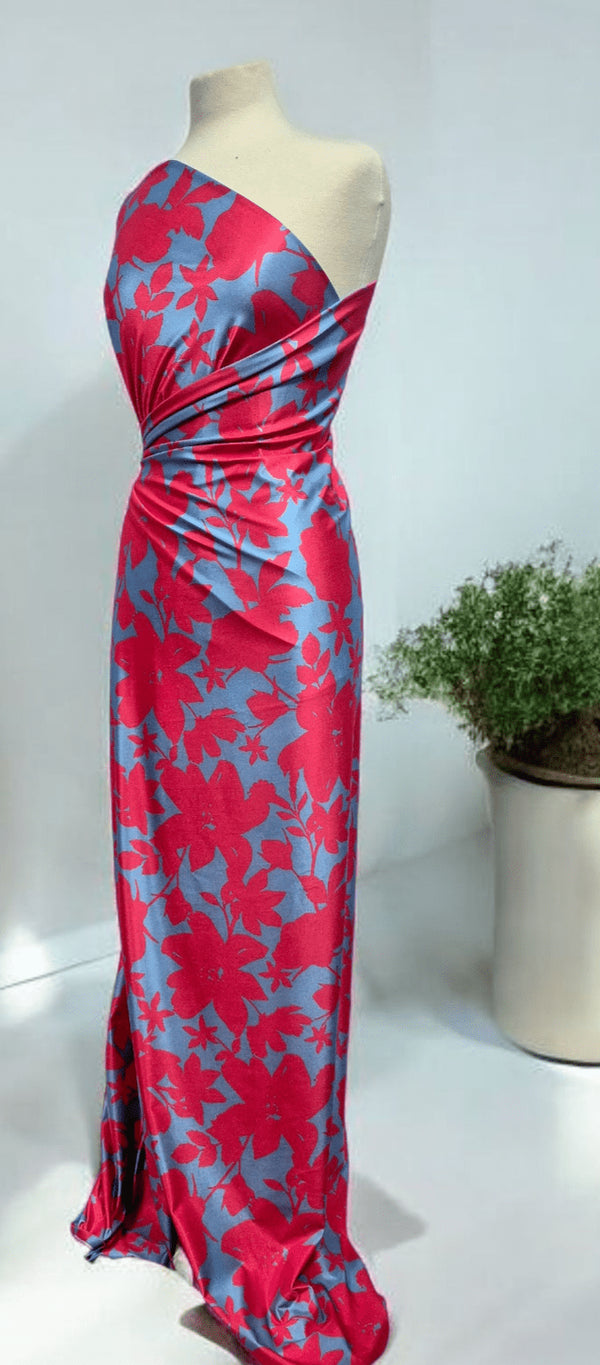 Cerise Blue Floral Print Soft Touch Stretch Fabric
