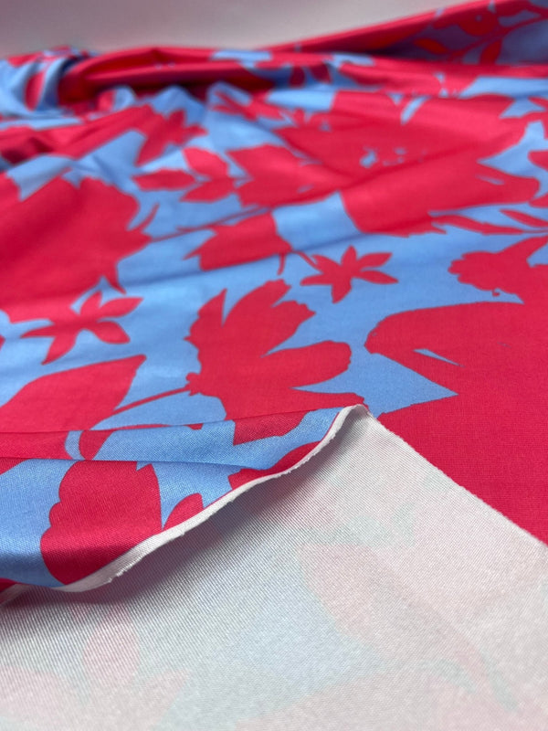 Cerise Blue Floral Print Soft Touch Stretch Fabric