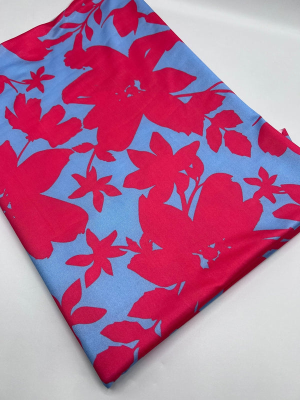 Cerise Blue Floral Print Soft Touch Stretch Fabric