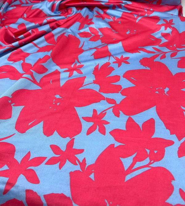 Cerise Blue Floral Print Soft Touch Stretch Fabric