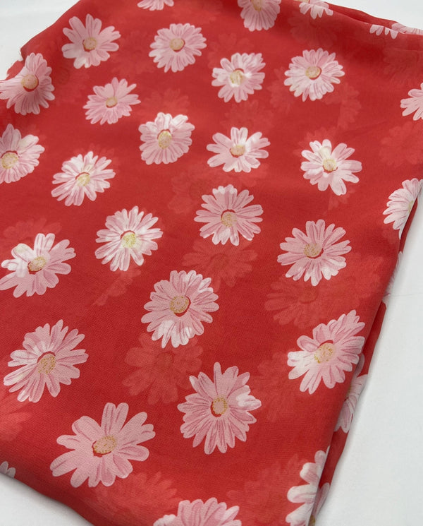 Coral Daisy Floral Printed Chiffon Dress Fabric