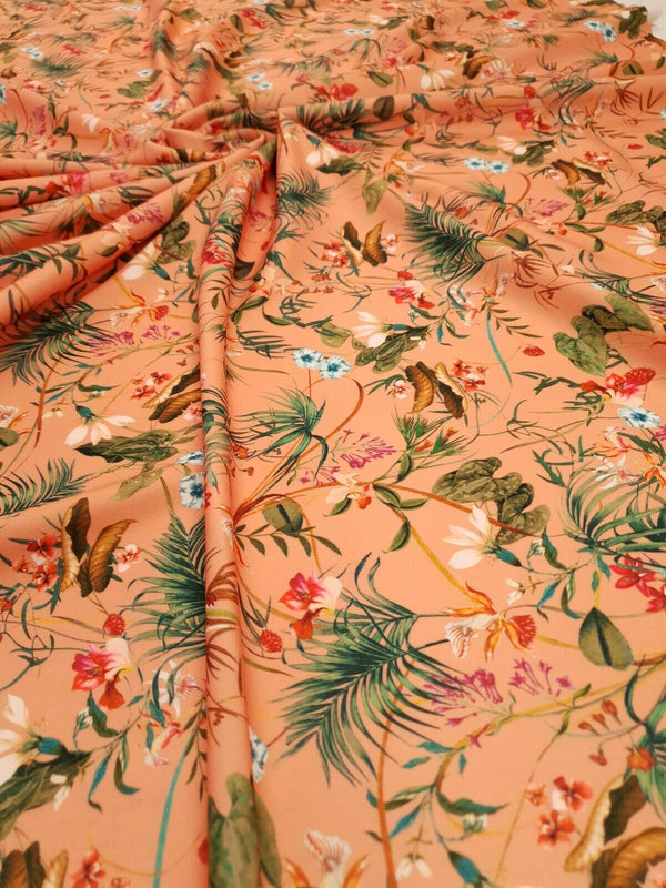 Coral Floral Printed Scuba Crepe Jersey Fabric 4 Way Stretch