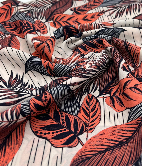 Coral Leaf Printed Chiffon Dress Fabric