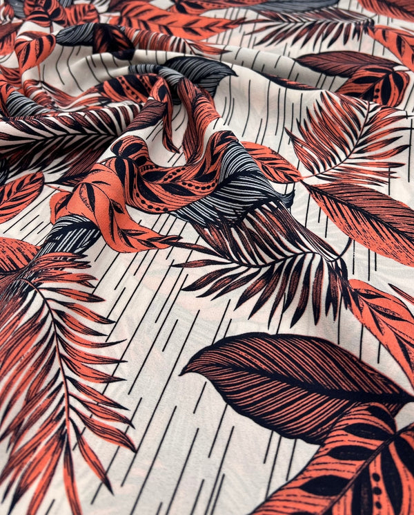 Coral Leaf Printed Chiffon Dress Fabric