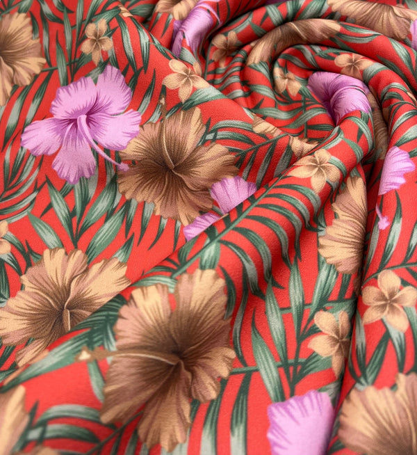 Coral Pink Floral Printed Scuba Crepe Jersey Fabric 4 Way Stretch