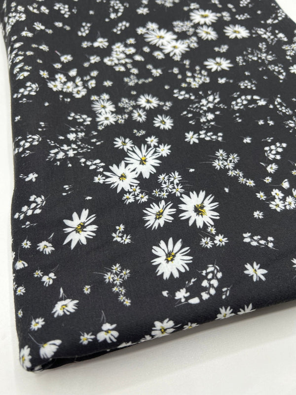 Daisy white black Print Spun Poly Stretch Fabric