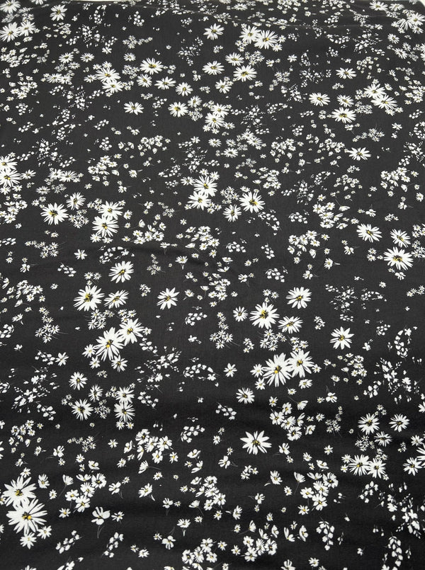 Daisy white black Print Spun Poly Stretch Fabric