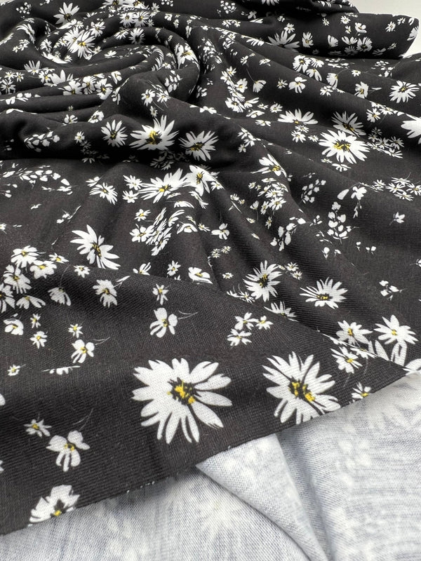 Daisy white black Print Spun Poly Stretch Fabric