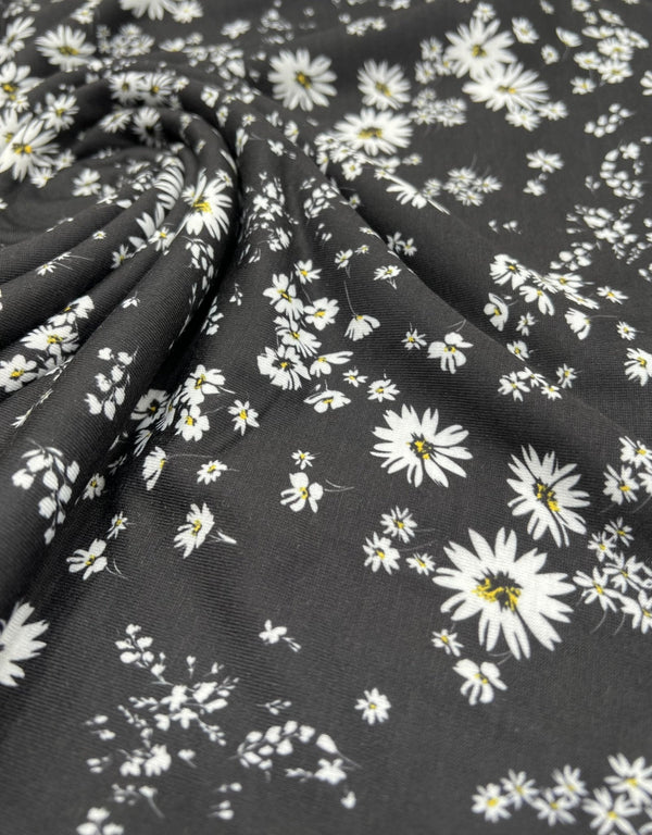 Daisy white black Print Spun Poly Stretch Fabric